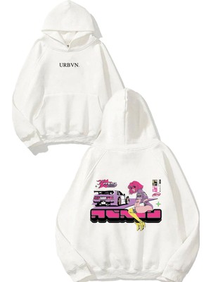 Urbvn Anime Japan Car Tasarım Baskılı Oversize Beyaz Kapüşonlu Sweatshirt