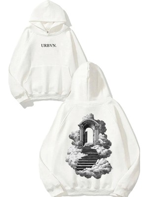 Urbvn Cloudy Stairs Tasarım Baskılı Oversize Beyaz Kapüşonlu Sweatshirt