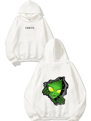 Urbvn Yeşil Uzaylı Tasarım Baskılı Oversize Beyaz Kapüşonlu Sweatshirt