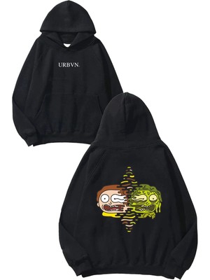 Urbvn Morty Toxic Tasarım Baskılı Oversize Siyah Kapüşonlu Sweatshirt