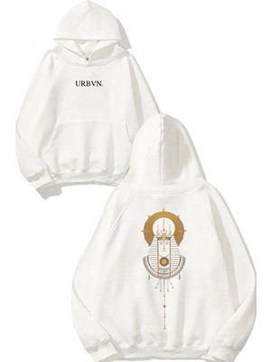 Urbvn Gold Firavun Tasarım Baskılı Oversize Beyaz Kapüşonlu Sweatshirt