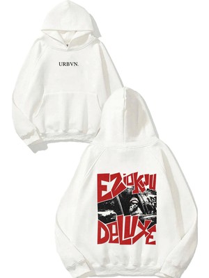 Urbvn Deluxe Tasarım Baskılı Oversize Beyaz Kapüşonlu Sweatshirt