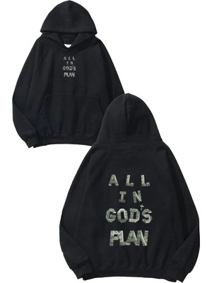 Urbvn Gods Plan Tasarım Baskılı Oversize Siyah Kapüşonlu Sweatshirt