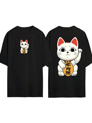 Urbvn Korean Cat 1 Tasarım Baskılı Siyah Oversize T Shirt
