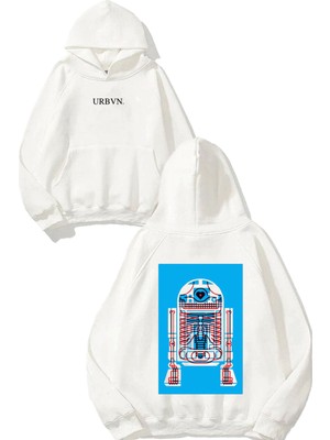 Urbvn Robot Star Wars Tasarım Baskılı Oversize Beyaz Kapüşonlu Sweatshirt
