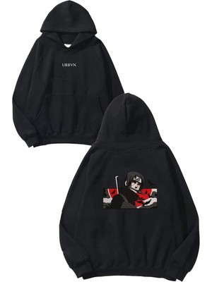 Urbvn Anime Kırmızı Tasarım Baskılı Oversize Siyah Kapüşonlu Sweatshirt