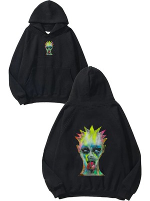 Urbvn Punk Face Tasarım Baskılı Oversize Siyah Kapüşonlu Sweatshirt