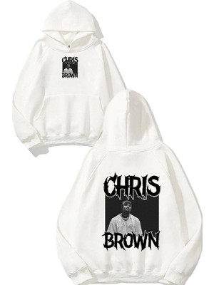 Urbvn Brown Tasarım Baskılı Oversize Beyaz Kapüşonlu Sweatshirt