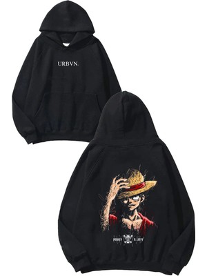 Urbvn Monkey Luffy Hat Tasarım Baskılı Oversize Siyah Kapüşonlu Sweatshirt