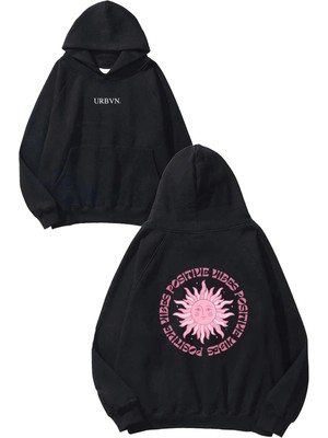 Urbvn Positive Vibes Tasarım Baskılı Oversize Siyah Kapüşonlu Sweatshirt