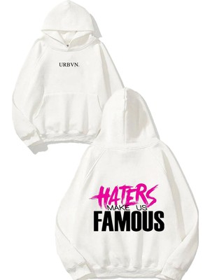 Urbvn Haters Famous Tasarım Baskılı Oversize Beyaz Kapüşonlu Sweatshirt