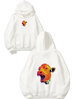 Urbvn Color Cow Tasarım Baskılı Oversize Beyaz Kapüşonlu Sweatshirt