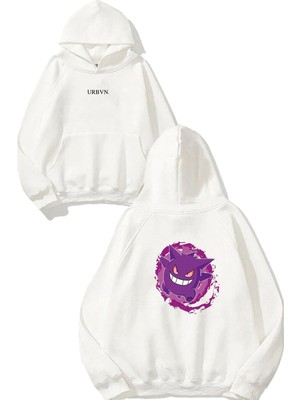 Urbvn Monster Tasarım Baskılı Oversize Beyaz Kapüşonlu Sweatshirt