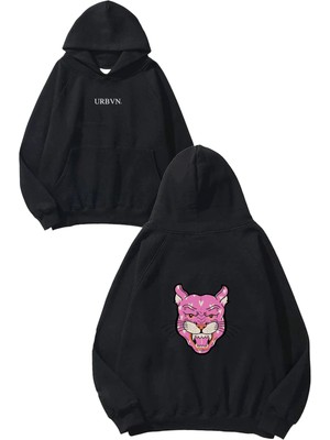 Urbvn Pink Cat Tasarım Baskılı Oversize Siyah Kapüşonlu Sweatshirt