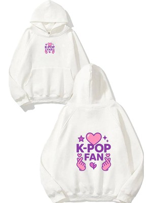 Urbvn Kpop Fans Tasarım Baskılı Oversize Beyaz Kapüşonlu Sweatshirt