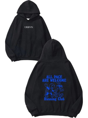 Urbvn Running Club Tasarım Baskılı Oversize Siyah Kapüşonlu Sweatshirt
