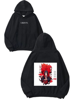 Urbvn Anime Samurai Tasarım Baskılı Oversize Siyah Kapüşonlu Sweatshirt