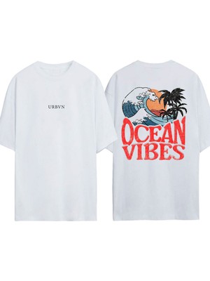 Urbvn Ocean Vibes Tasarım Baskılı Beyaz Oversize T-Shirt