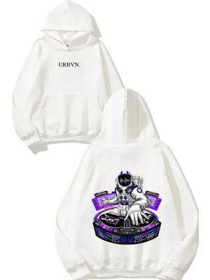 Urbvn Dj Astronot Tasarım Baskılı Oversize Beyaz Kapüşonlu Sweatshirt