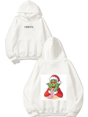 Urbvn Grinch Noel Tasarım Baskılı Oversize Beyaz Kapüşonlu Sweatshirt
