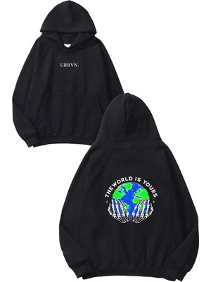 Urbvn The World Tasarım Baskılı Oversize Siyah Kapüşonlu Sweatshirt
