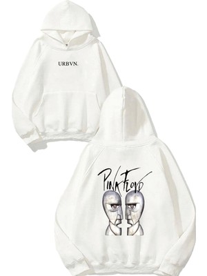 Urbvn Pink Floyd Faces Tasarım Baskılı Oversize Beyaz Kapüşonlu Sweatshirt