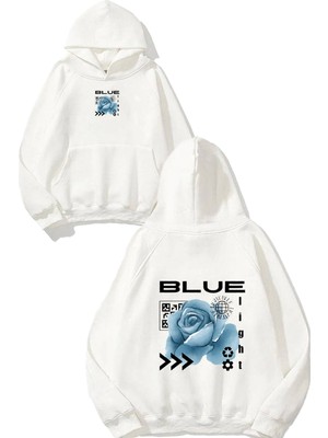 Urbvn Blue Light Tasarım Baskılı Oversize Beyaz Kapüşonlu Sweatshirt