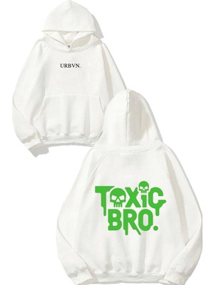 Urbvn Toxic Bro Tasarım Baskılı Oversize Beyaz Kapüşonlu Sweatshirt
