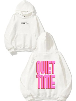 Urbvn Quiet Time Tasarım Baskılı Oversize Beyaz Kapüşonlu Sweatshirt