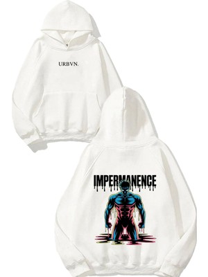 Urbvn Impermanence Tasarım Baskılı Oversize Beyaz Kapüşonlu Sweatshirt