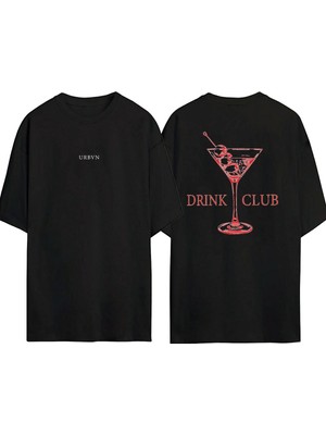 Urbvn Drink Club Tasarım Baskılı Siyah Oversize T Shirt