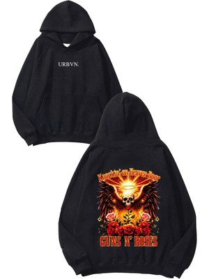 Urbvn Guns N Roses Angel Tasarım Baskılı Oversize Siyah Kapüşonlu Sweatshirt