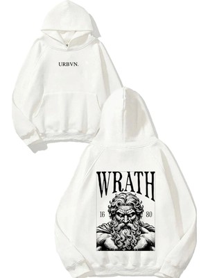 Urbvn Wrath Tasarım Baskılı Oversize Beyaz Kapüşonlu Sweatshirt
