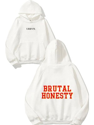 Urbvn Brutal Honestly Tasarım Baskılı Oversize Beyaz Kapüşonlu Sweatshirt