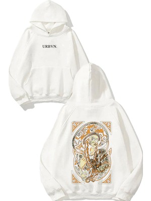 Urbvn La Catrina Tasarım Baskılı Oversize Beyaz Kapüşonlu Sweatshirt