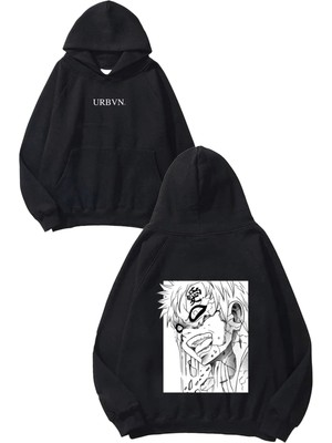 Urbvn White Anime Tasarım Baskılı Oversize Siyah Kapüşonlu Sweatshirt