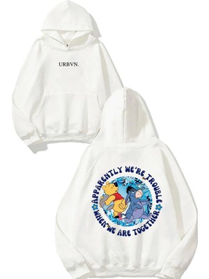 Urbvn Trouble Together Tasarım Baskılı Oversize Beyaz Kapüşonlu Sweatshirt