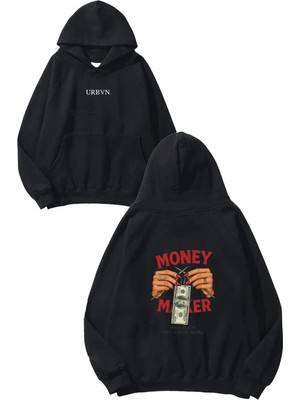 Urbvn Money Make Tasarım Baskılı Oversize Siyah Kapüşonlu Sweatshirt