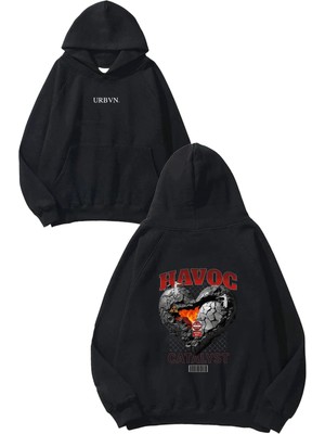 Urbvn Rock Heart Tasarım Baskılı Oversize Siyah Kapüşonlu Sweatshirt