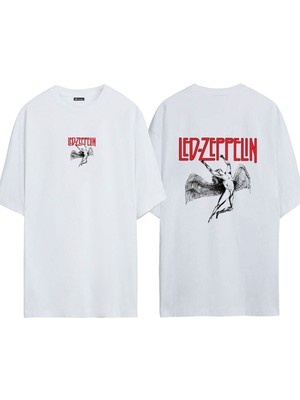 Urbvn LED Zepplin 1 Tasarım Baskılı Beyaz Oversize T Shirt