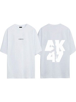 Urbvn AK47 Tasarım Baskılı Beyaz Oversize T-Shirt