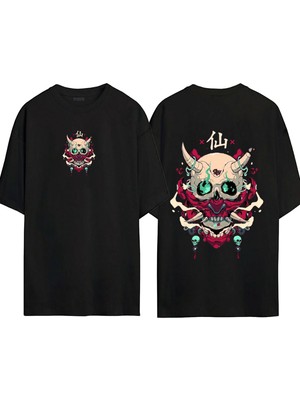Urbvn Korean Skull 1 Tasarım Baskılı Siyah Oversize T Shirt