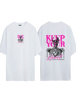Urbvn Keep Your Heart 1 Tasarım Baskılı Beyaz Oversize T Shirt