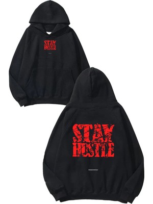 Urbvn Stay Hustle Tasarım Baskılı Oversize Siyah Kapüşonlu Sweatshirt