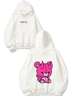 Urbvn Pink Bear Demon Tasarım Baskılı Oversize Beyaz Kapüşonlu Sweatshirt