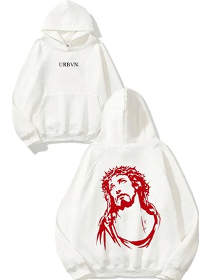 Urbvn Isa Tasarım Baskılı Oversize Beyaz Kapüşonlu Sweatshirt