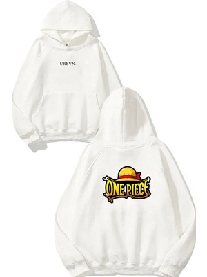 Urbvn One Piece 1 Tasarım Baskılı Oversize Beyaz Kapüşonlu Sweatshirt