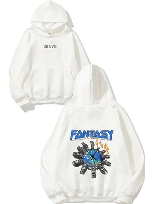 Urbvn Fantasy Tasarım Baskılı Oversize Beyaz Kapüşonlu Sweatshirt