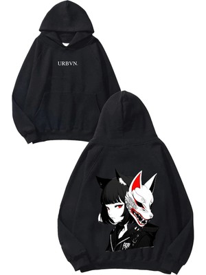 Urbvn Chinese Girl Fox Tasarım Baskılı Oversize Siyah Kapüşonlu Sweatshirt