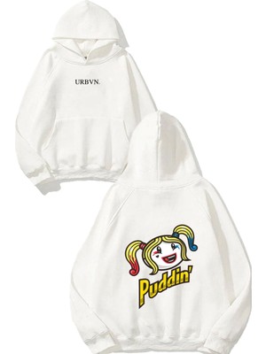 Urbvn Puddin Tasarım Baskılı Oversize Beyaz Kapüşonlu Sweatshirt